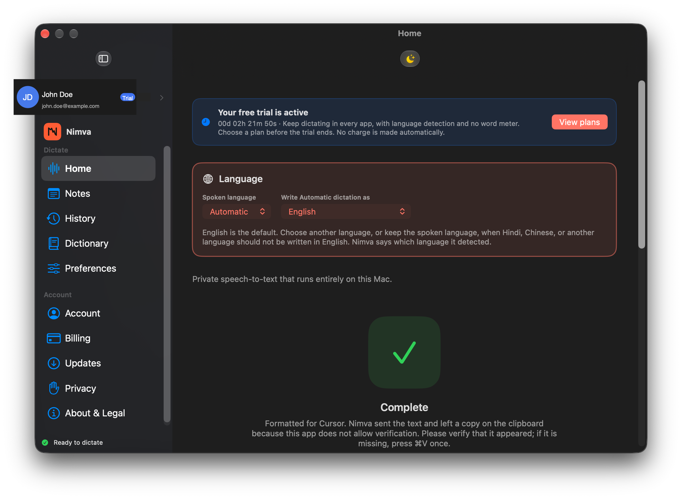 Nimva Home after dictating into Cursor with formatted insert and clipboard fallback