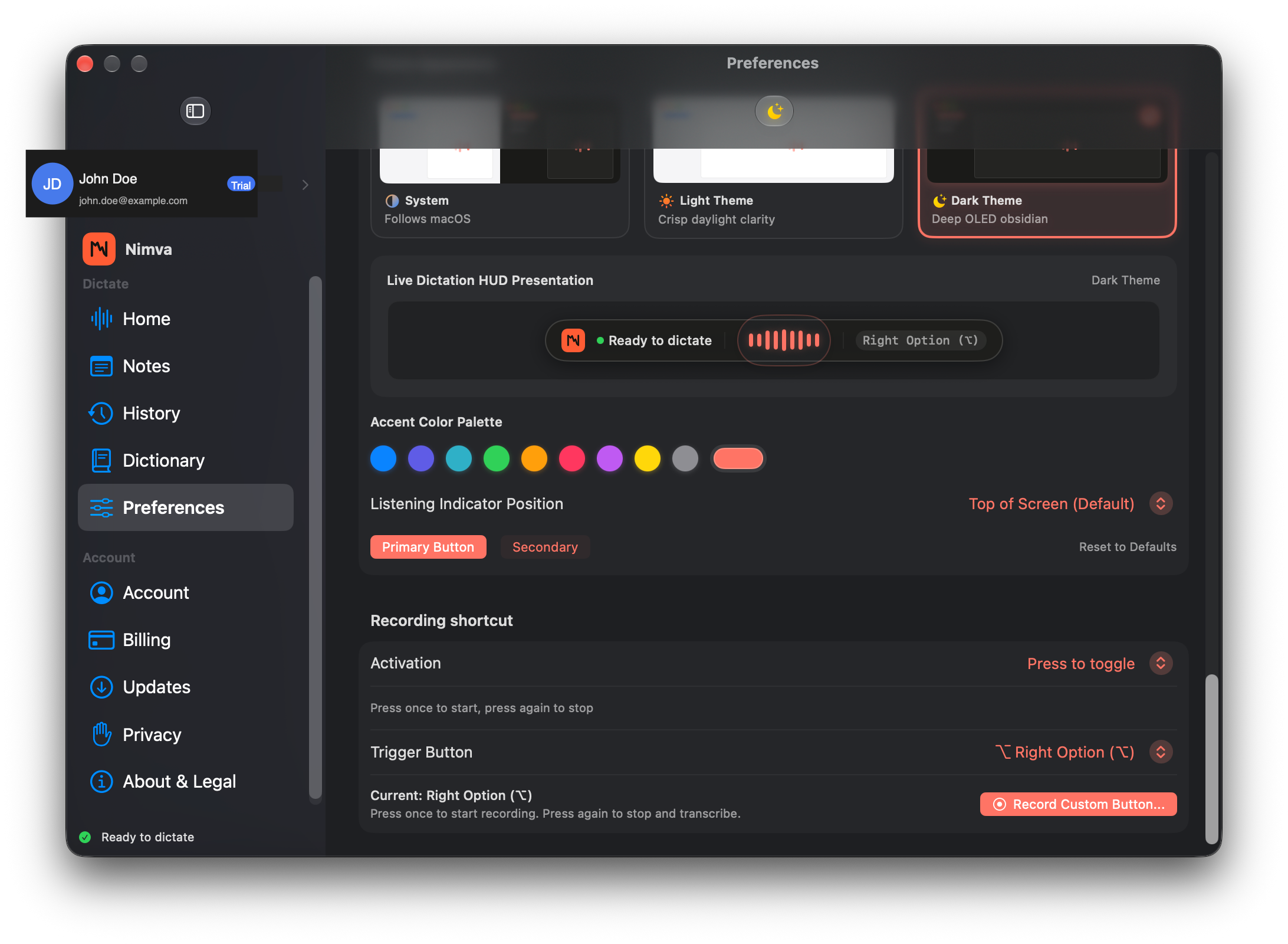 Nimva Preferences recording shortcut set to Right Option with live HUD preview