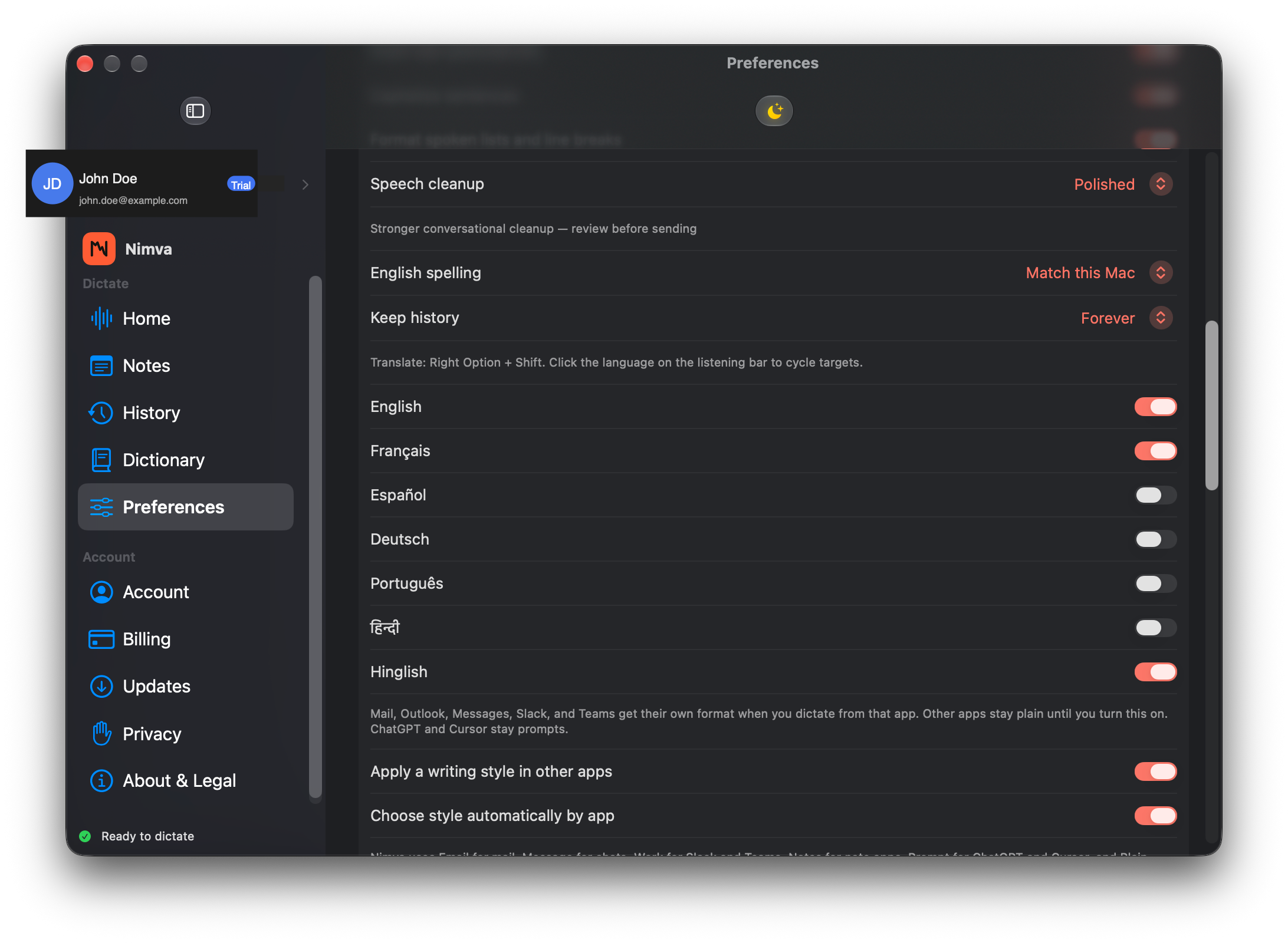 Nimva Preferences language targets including English, Français, Hindi, and Hinglish