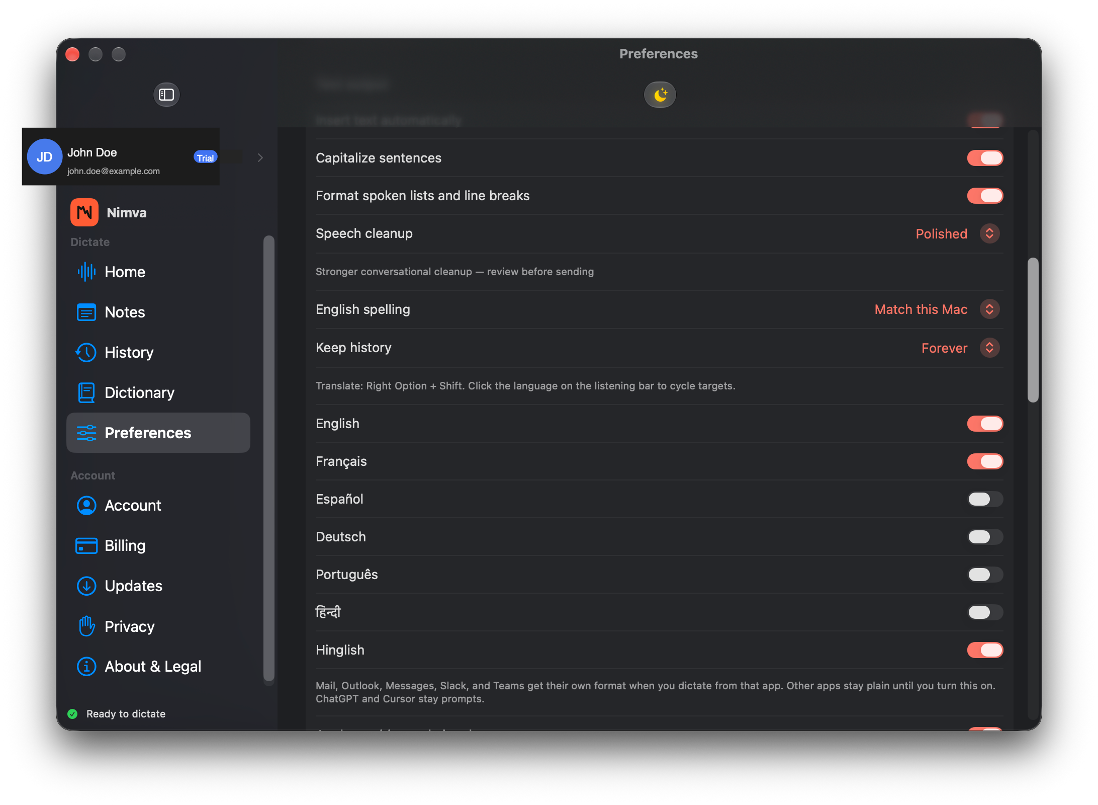 Nimva Preferences speech cleanup set to Polished with English spelling Match this Mac