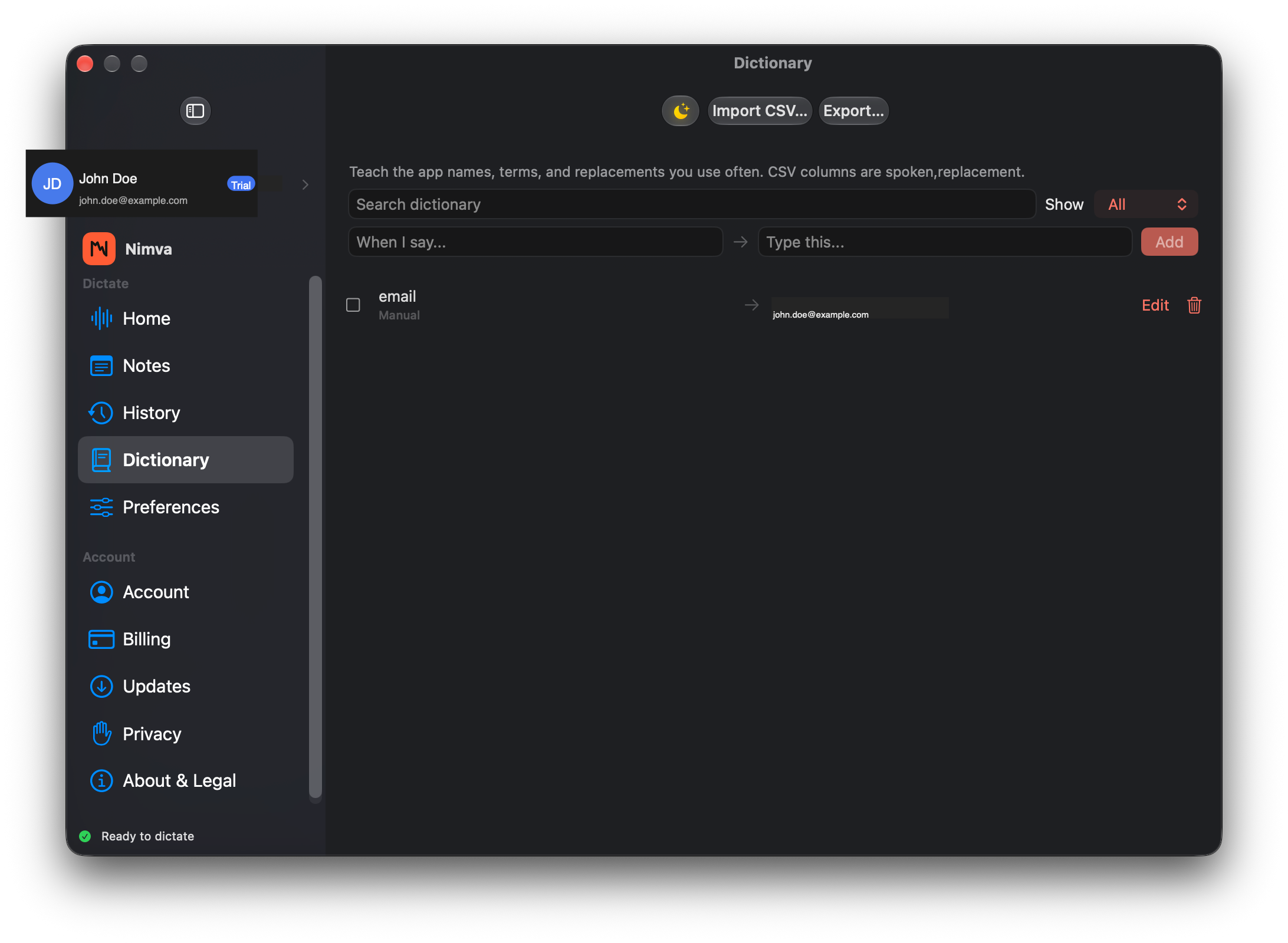 Nimva Dictionary with a spoken-to-typed replacement entry
