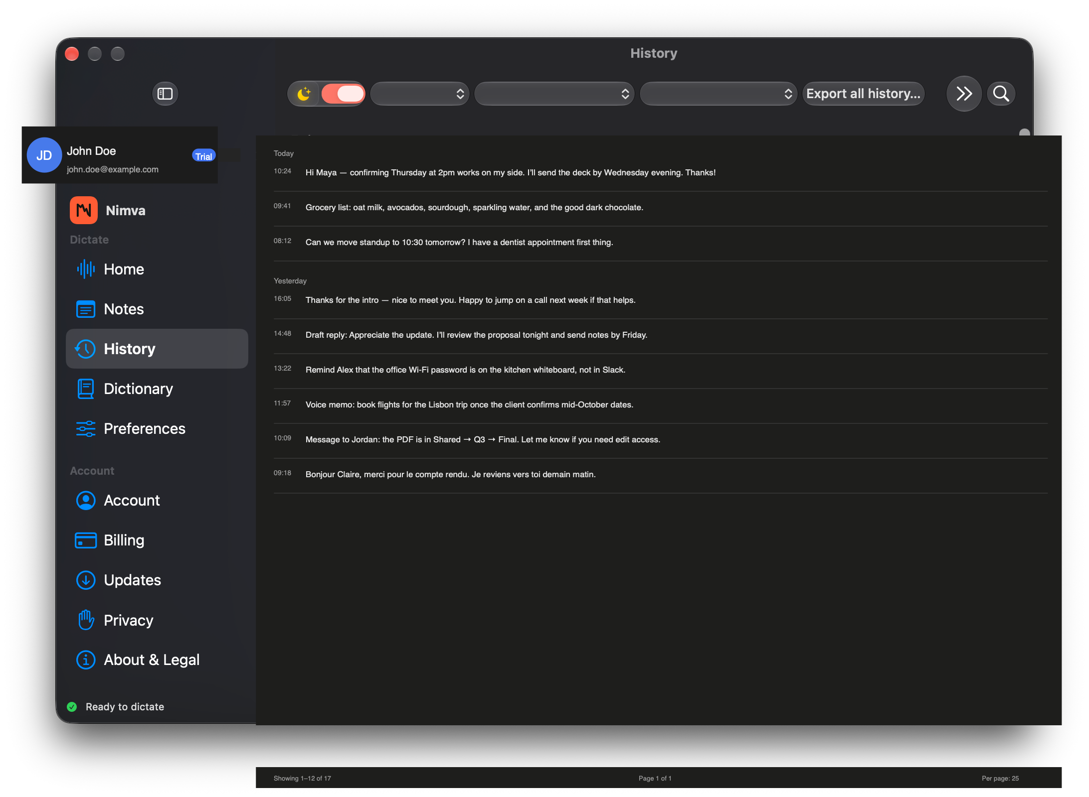 Nimva History with sample local transcripts and export controls