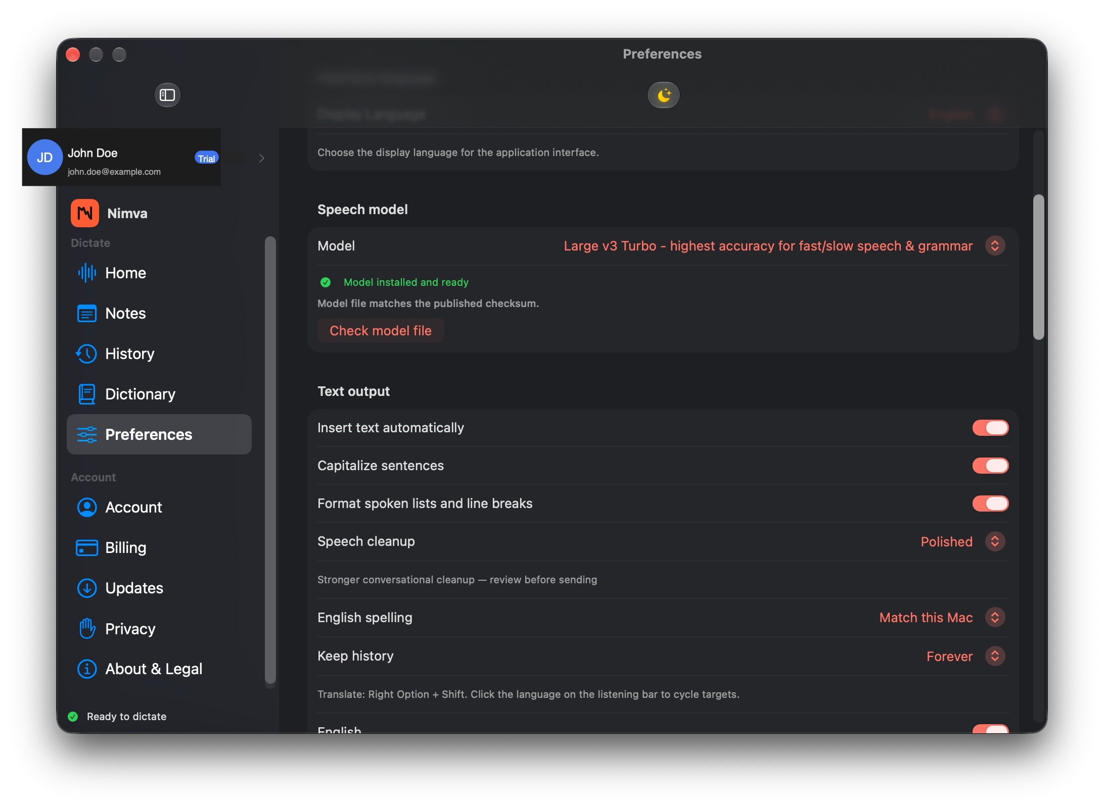 Nimva Preferences speech model installed and ready on this Mac