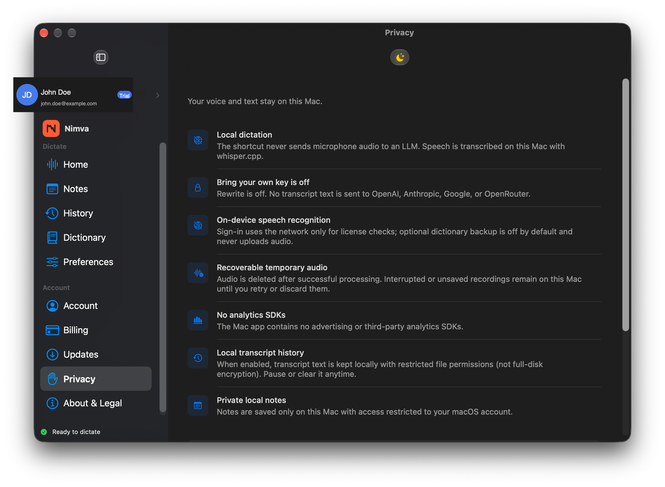 Nimva Privacy recoverable temporary audio stays on this Mac until retry or discard